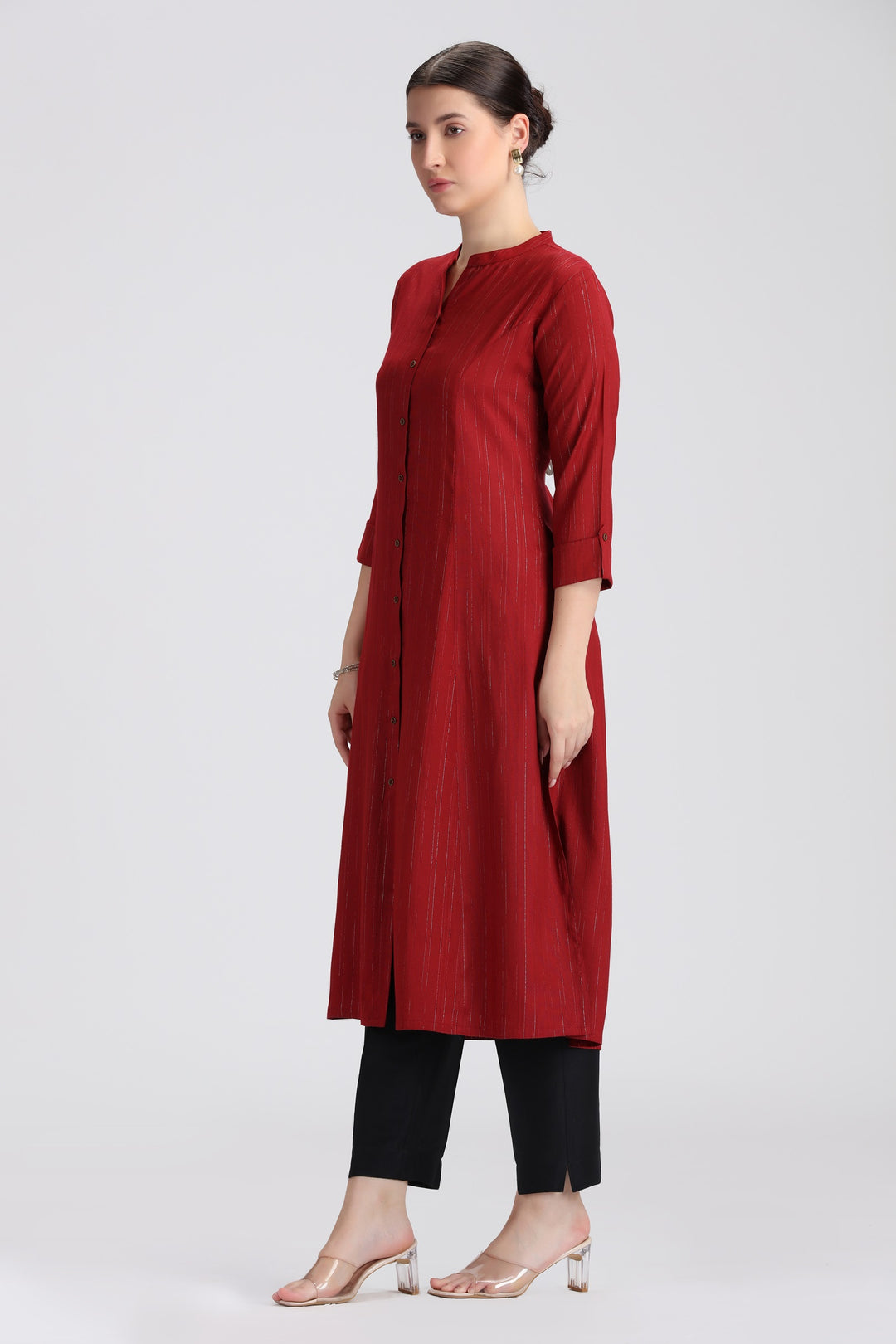 Maroon Jari Stripe Solid A Line Kurta