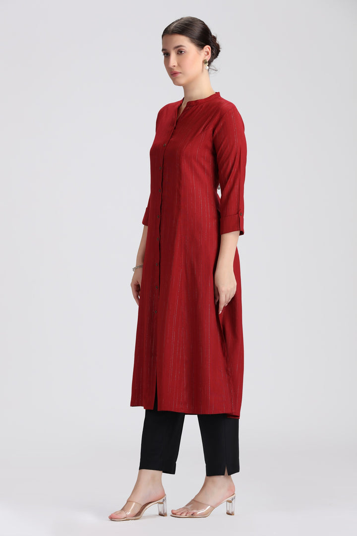 Maroon Jari Stripe Solid A Line Kurta