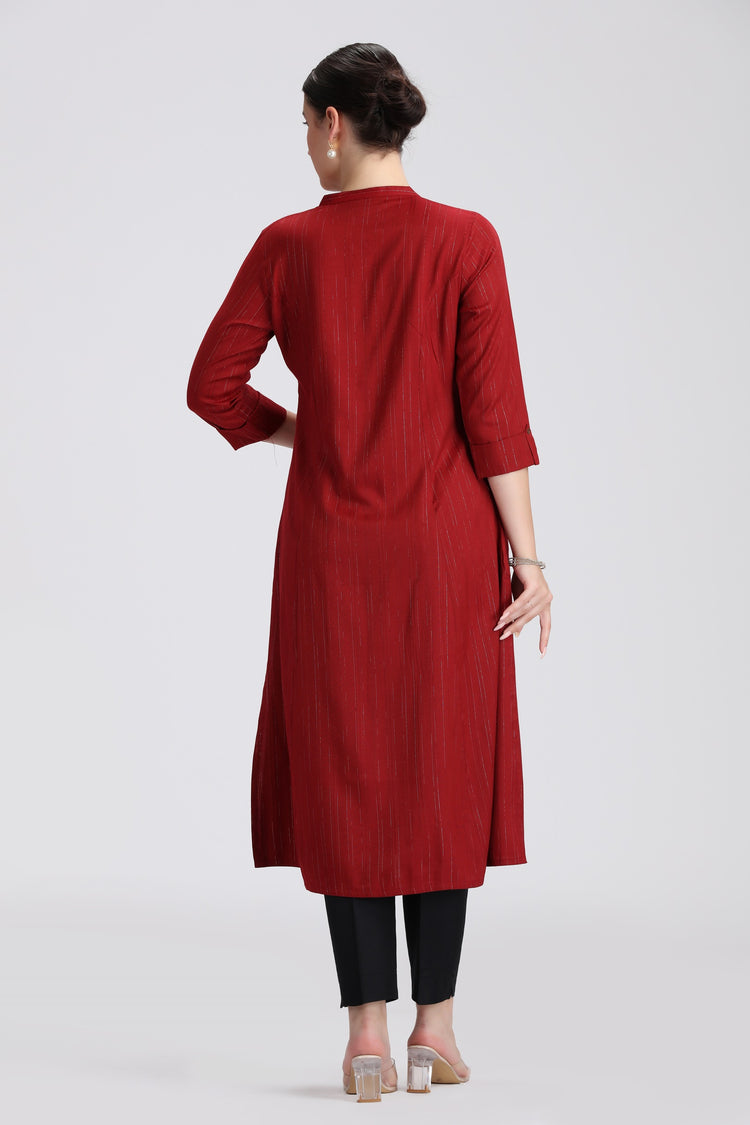 Maroon Jari Stripe Solid A Line Kurta