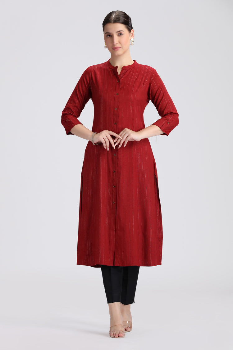Maroon Jari Stripe Solid A Line Kurta
