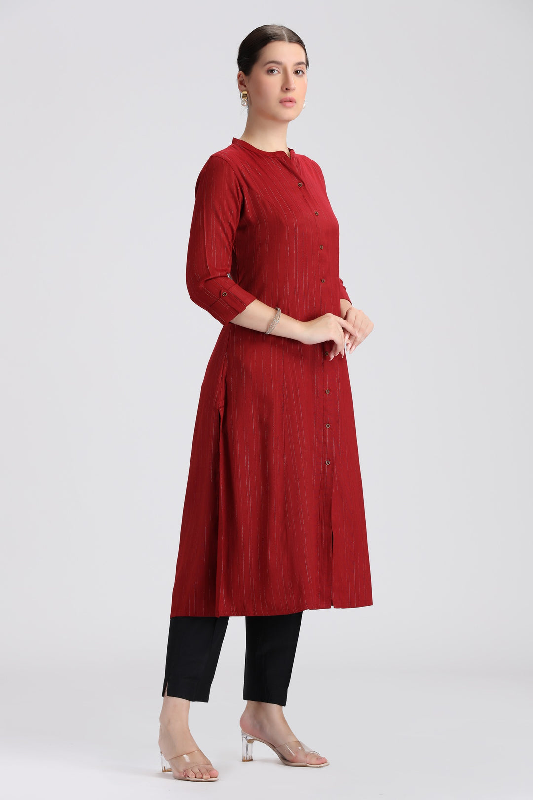 Maroon Jari Stripe Solid A Line Kurta