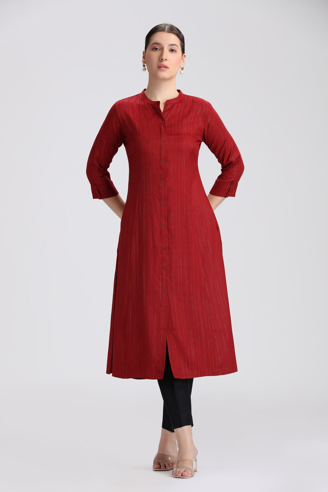 Maroon Jari Stripe Solid A Line Kurta