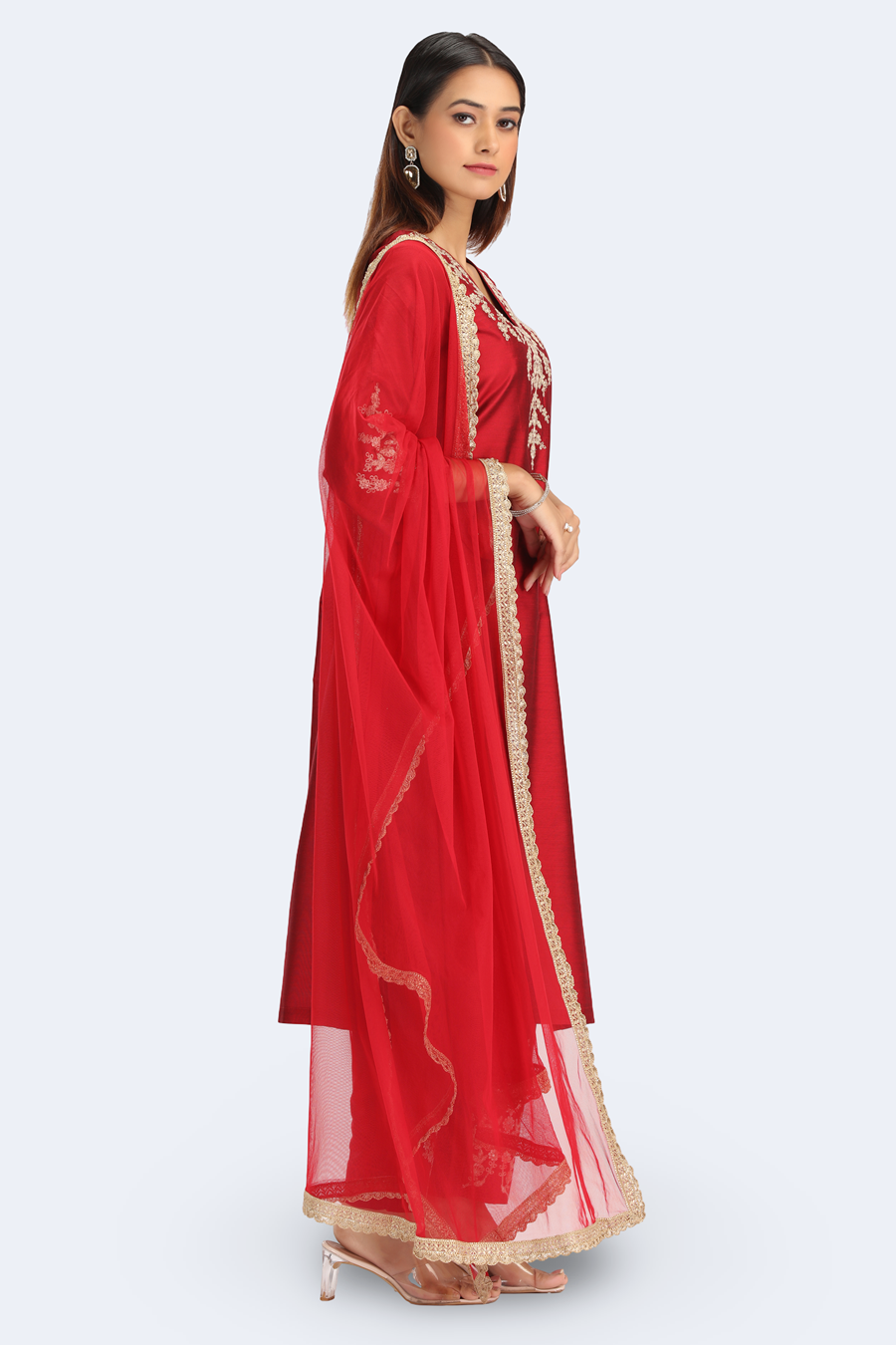 Maroon PolySilk Embroidered Straight Kurta Pant and Dupatta Suit Set