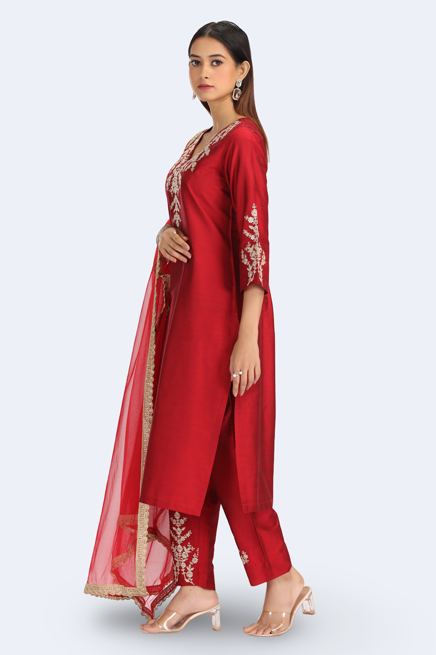 Maroon PolySilk Embroidered Straight Kurta Pant and Dupatta Suit Set