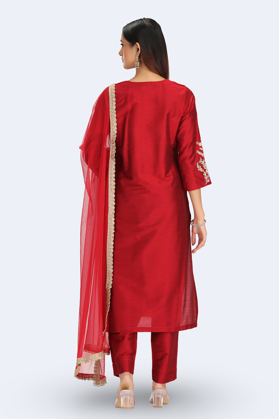 Maroon PolySilk Embroidered Straight Kurta Pant and Dupatta Suit Set