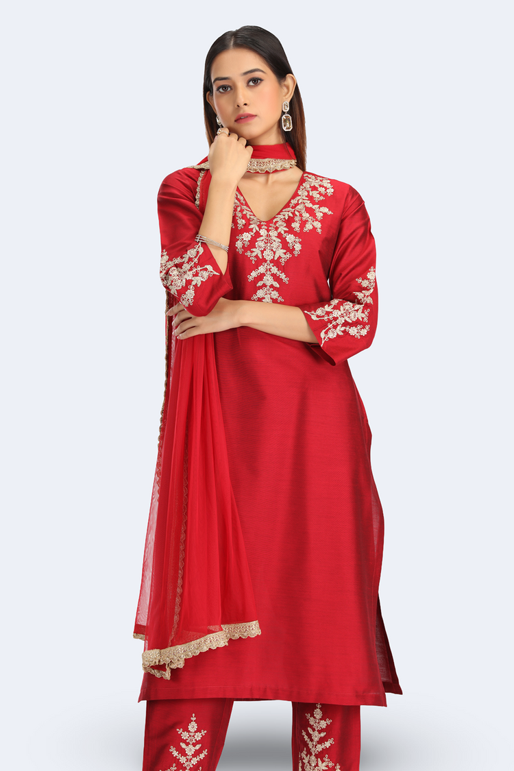 Maroon PolySilk Embroidered Straight Kurta Pant and Dupatta Suit Set