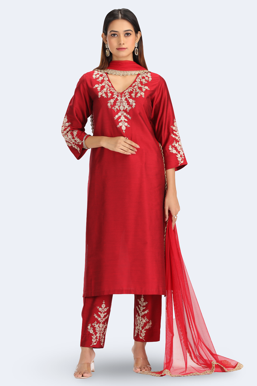 Maroon PolySilk Embroidered Straight Kurta Pant and Dupatta Suit Set