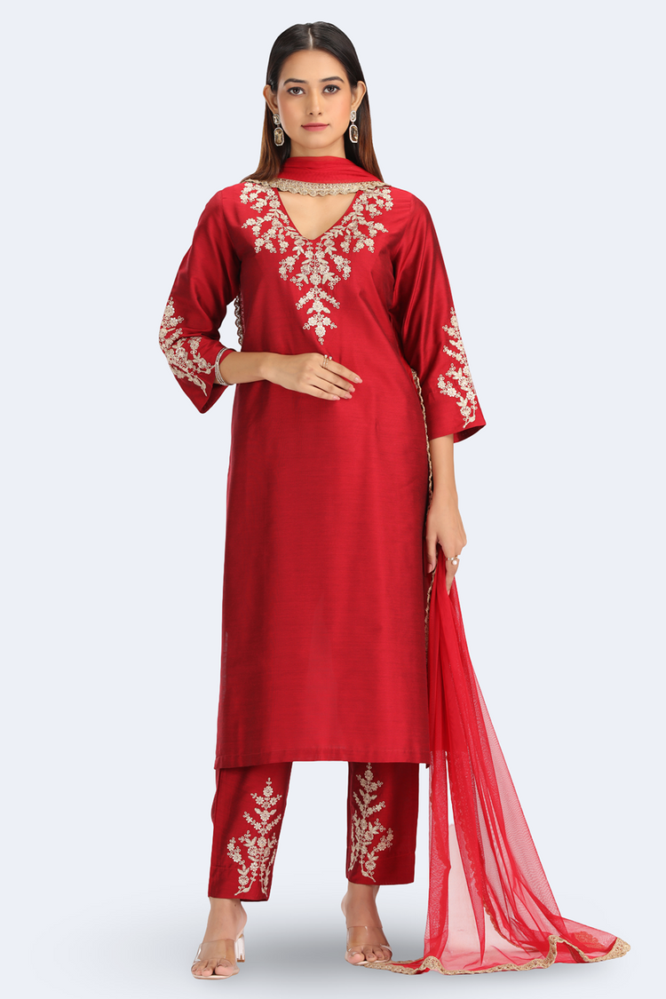 Maroon PolySilk Embroidered Straight Kurta Pant and Dupatta Suit Set