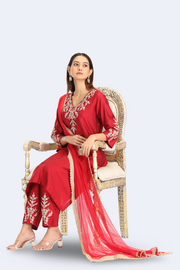 Maroon PolySilk Embroidered Straight Kurta Pant and Dupatta Suit Set
