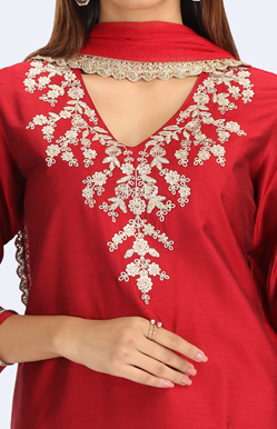 Maroon PolySilk Embroidered Straight Kurta Pant and Dupatta Suit Set