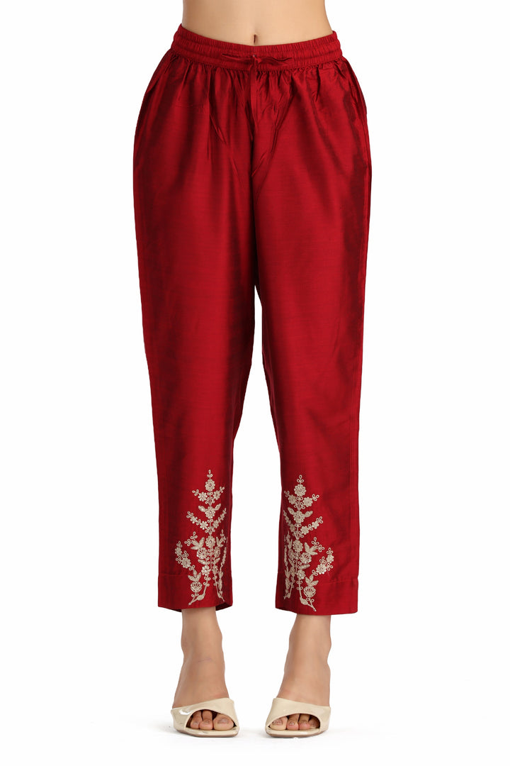 Maroon PolySilk Embroidered Straight Kurta Pant and Dupatta Suit Set