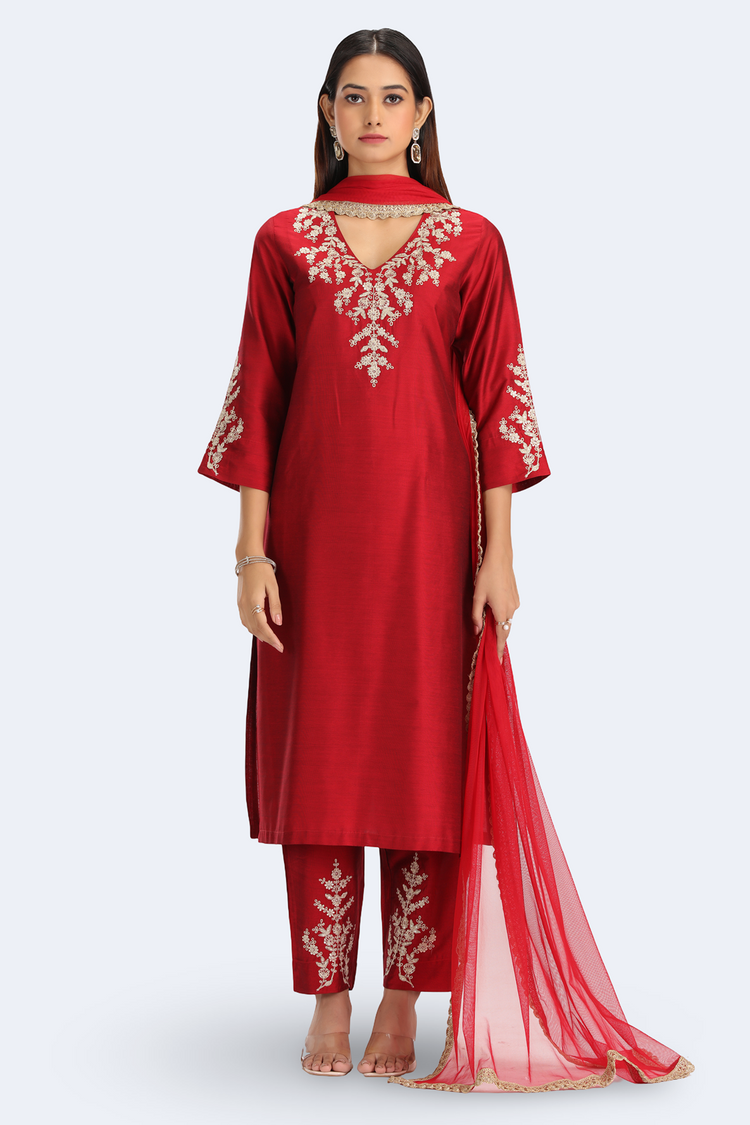 Maroon PolySilk Embroidered Straight Kurta Pant and Dupatta Suit Set