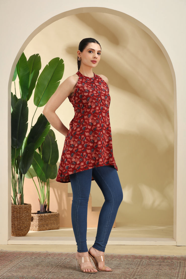 Maroon Printed A-Line Cotton Tunic