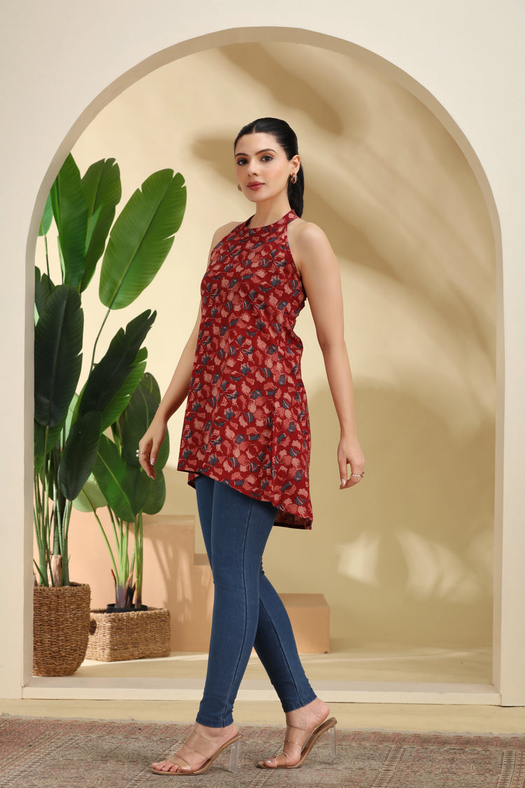 Maroon Printed A-Line Cotton Tunic