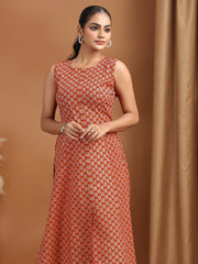 Maroon Printed A-Line Sleeveless Cotton Kurta