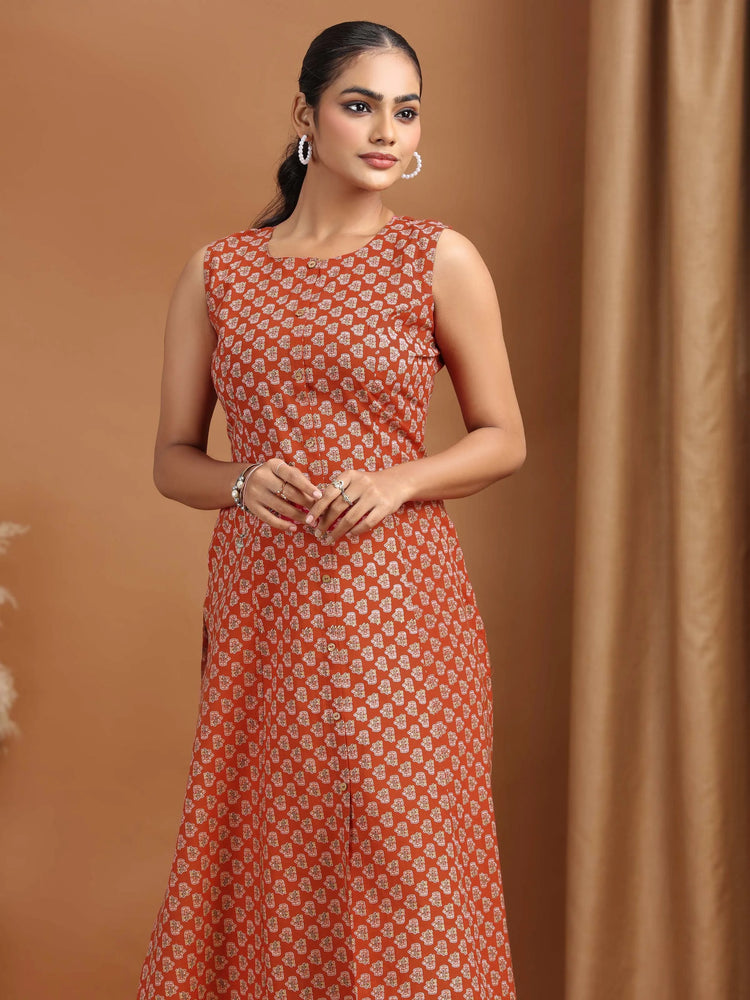 Maroon Printed A-Line Sleeveless Cotton Kurta