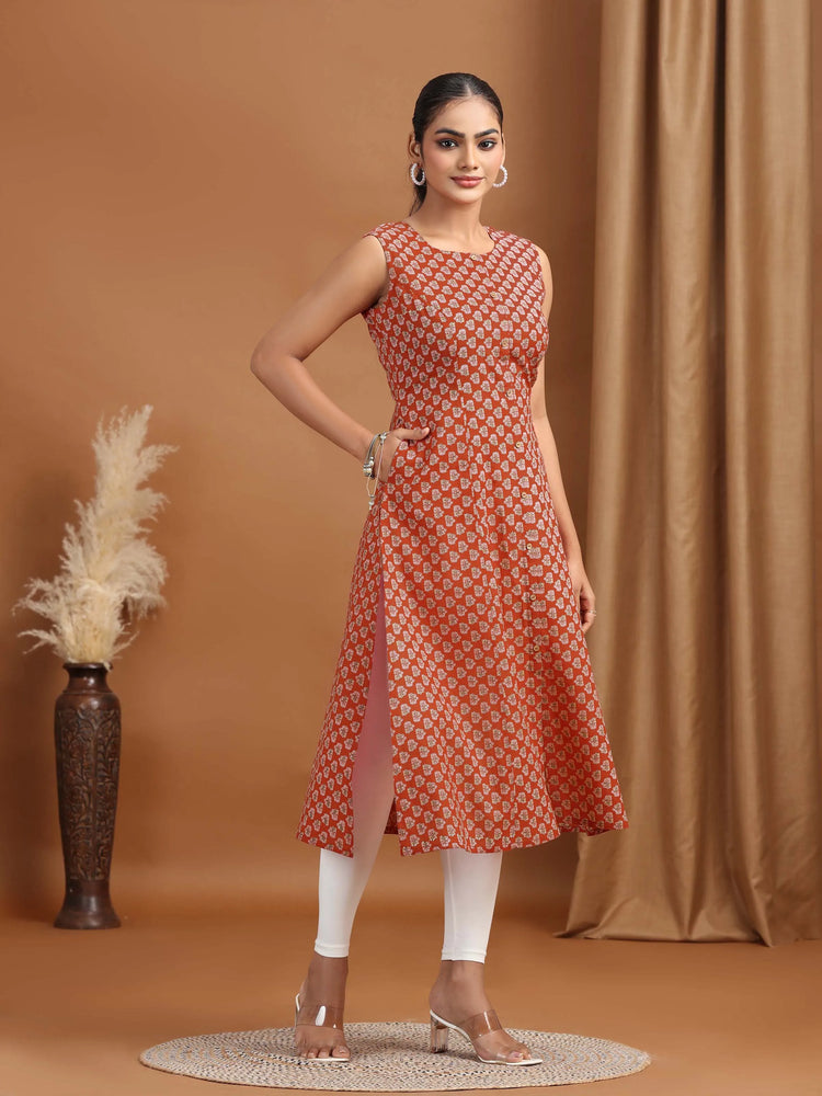 Maroon Printed A-Line Sleeveless Cotton Kurta