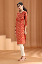 Maroon Printed Straight Cotton Kurta
