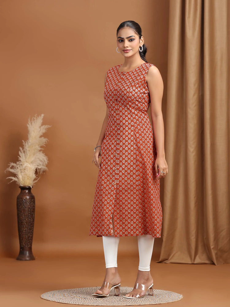 Maroon Printed A-Line Sleeveless Cotton Kurta