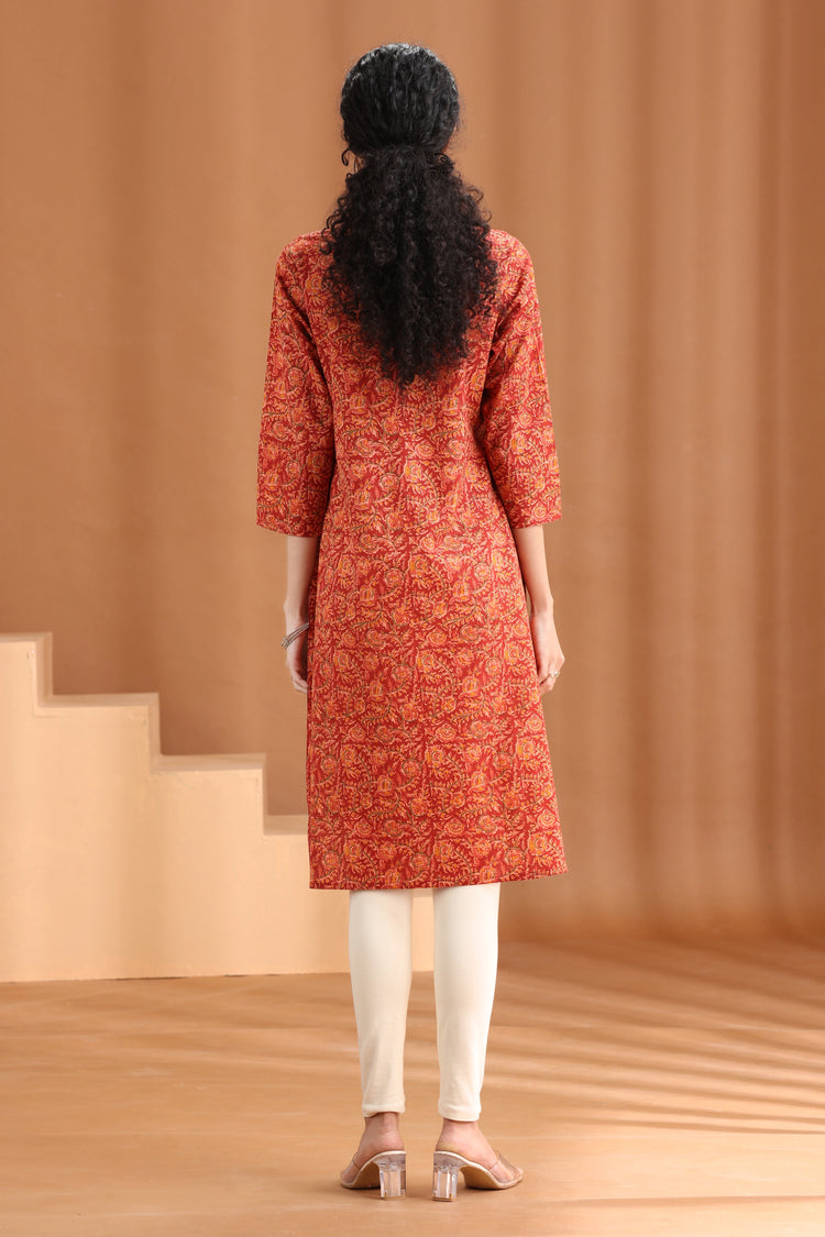 Maroon Printed Straight Cotton Kurta