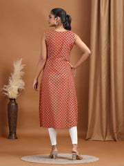 Maroon Printed A-Line Sleeveless Cotton Kurta