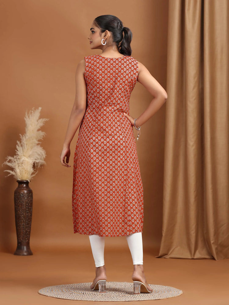 Maroon Printed A-Line Sleeveless Cotton Kurta