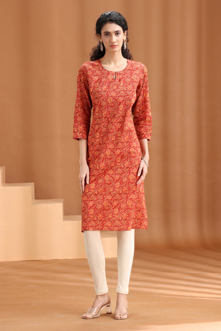 Maroon Printed Straight Cotton Kurta