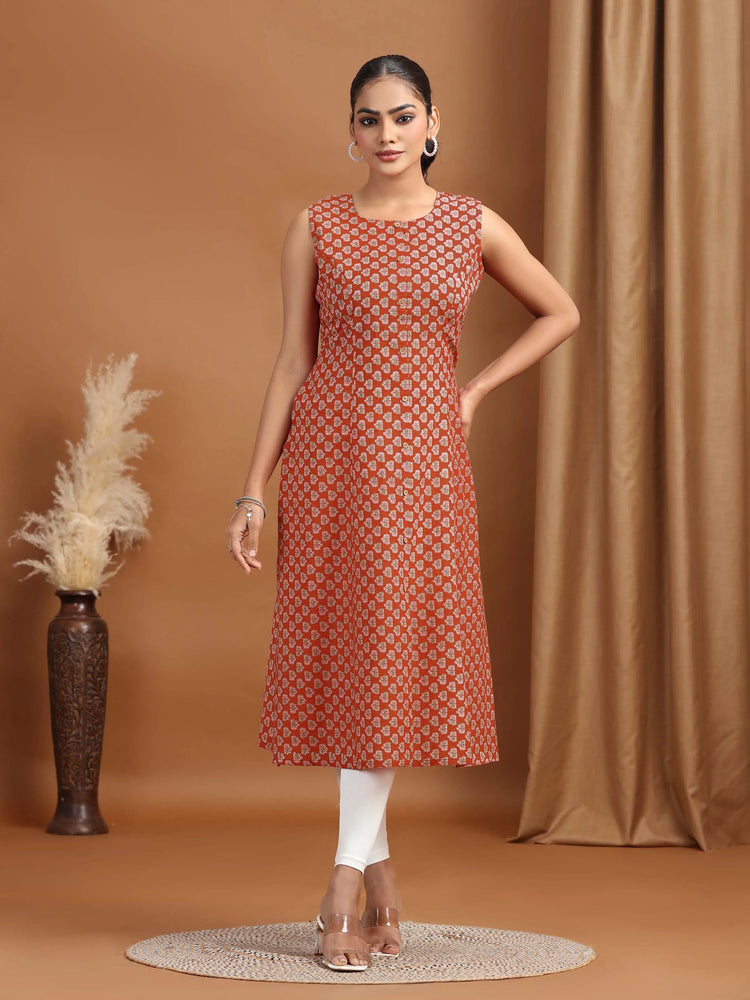 Maroon Printed A-Line Sleeveless Cotton Kurta