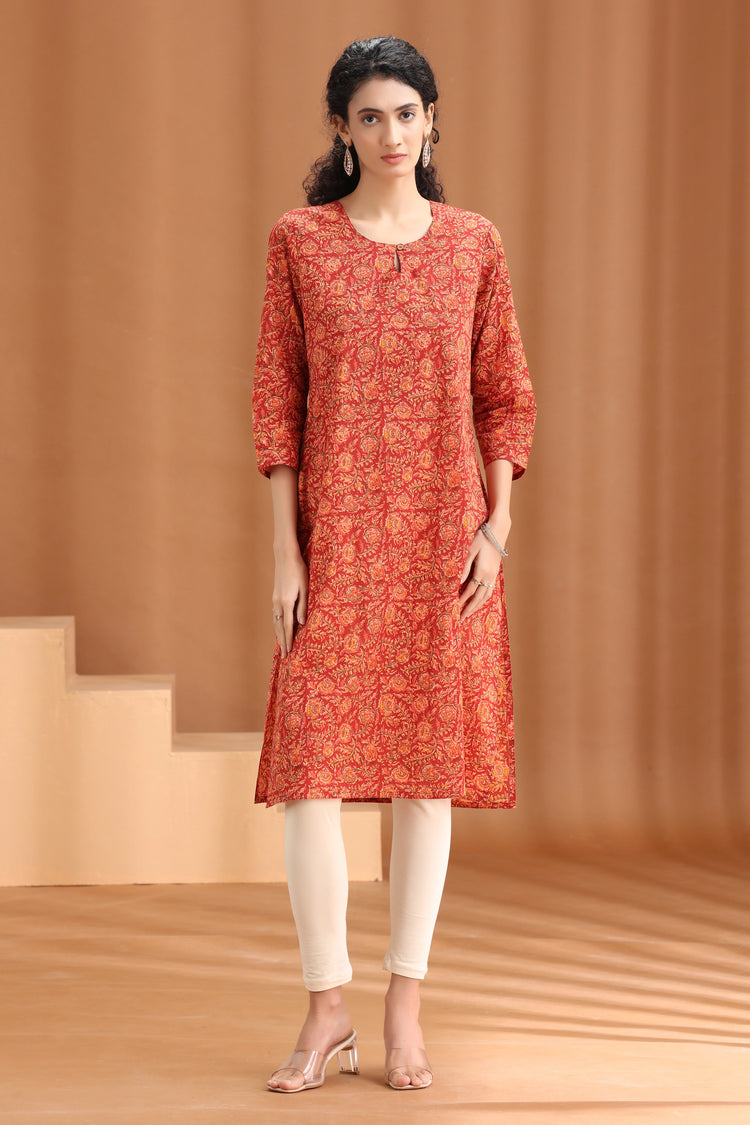 Maroon Printed Straight Cotton Kurta