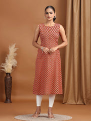Maroon Printed A-Line Sleeveless Cotton Kurta