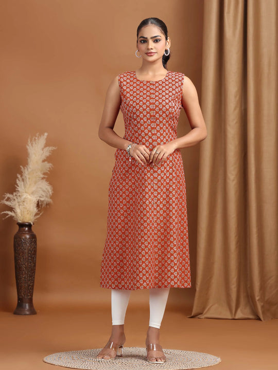 Maroon Printed A-Line Sleeveless Cotton Kurta