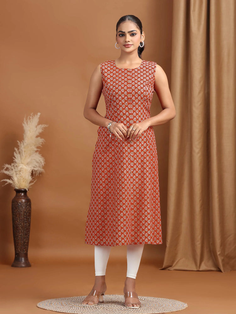 Maroon Printed A-Line Sleeveless Cotton Kurta
