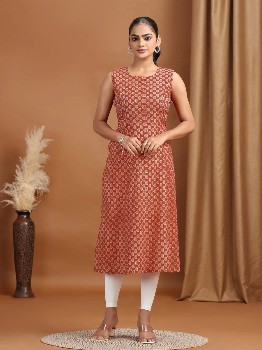 Maroon Printed A-Line Sleeveless Cotton Kurta