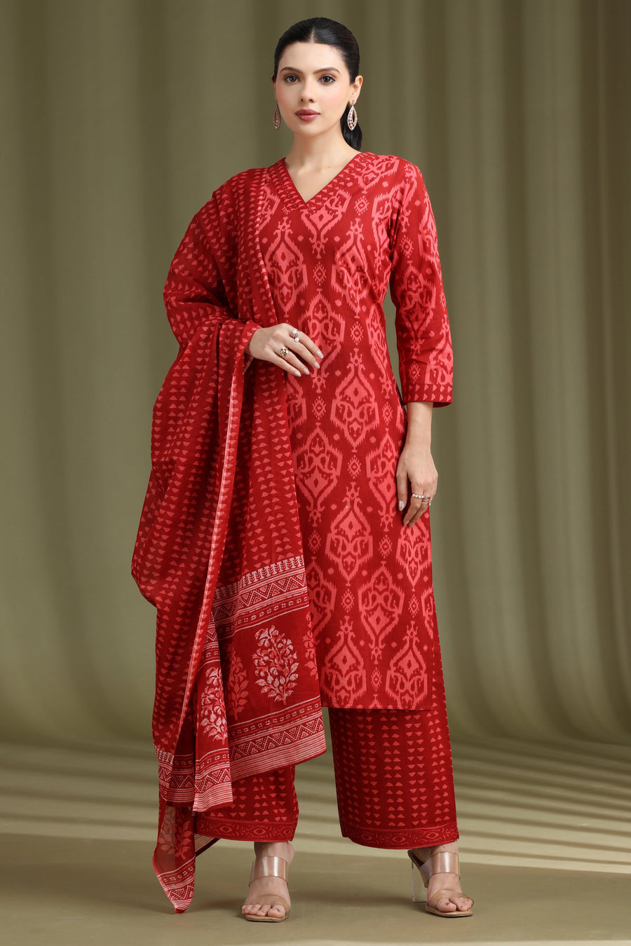 Maroon Printed Ethnic Cotton Ethnic Set