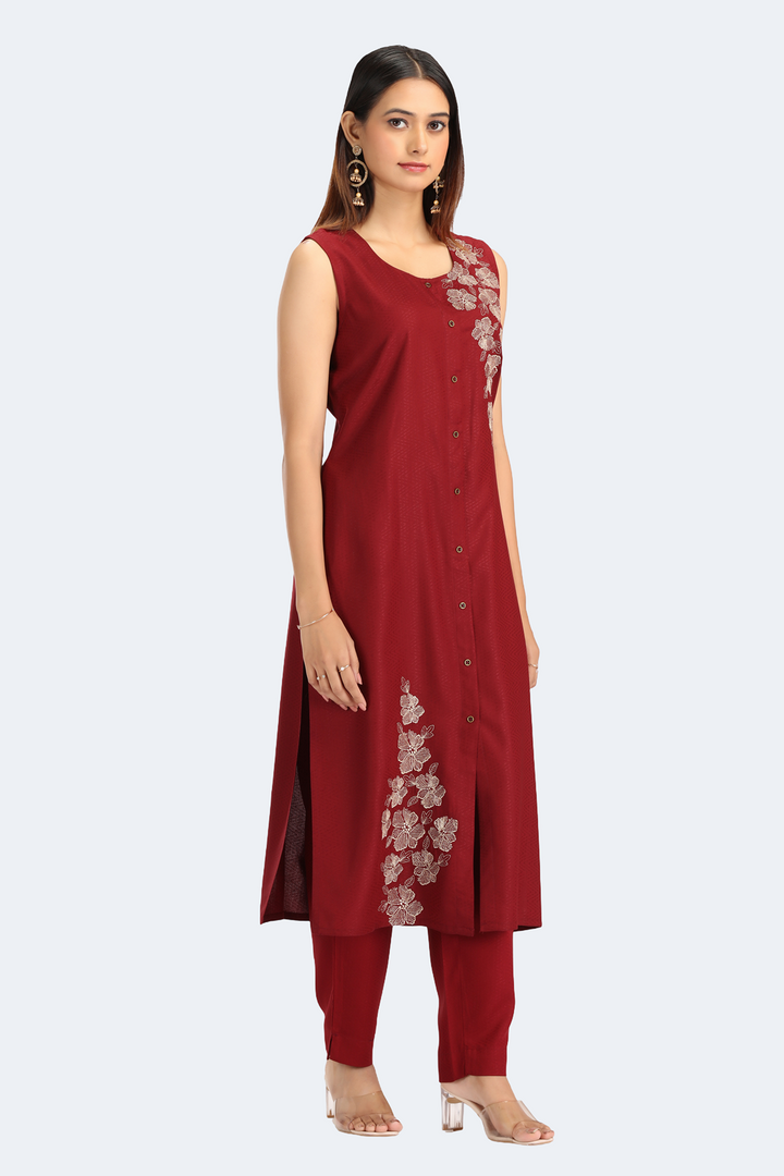 Maroon Rayon Embroidered Straight Kurta Pant Co ord Set