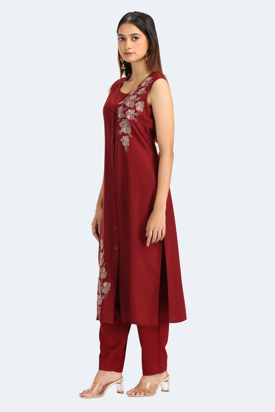 Maroon Rayon Embroidered Straight Kurta Pant Co ord Set