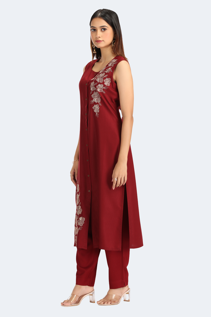 Maroon Rayon Embroidered Straight Kurta Pant Co ord Set