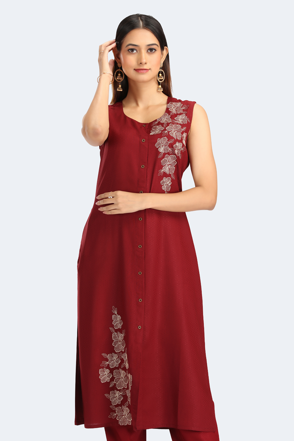 Maroon Rayon Embroidered Straight Kurta Pant Co ord Set