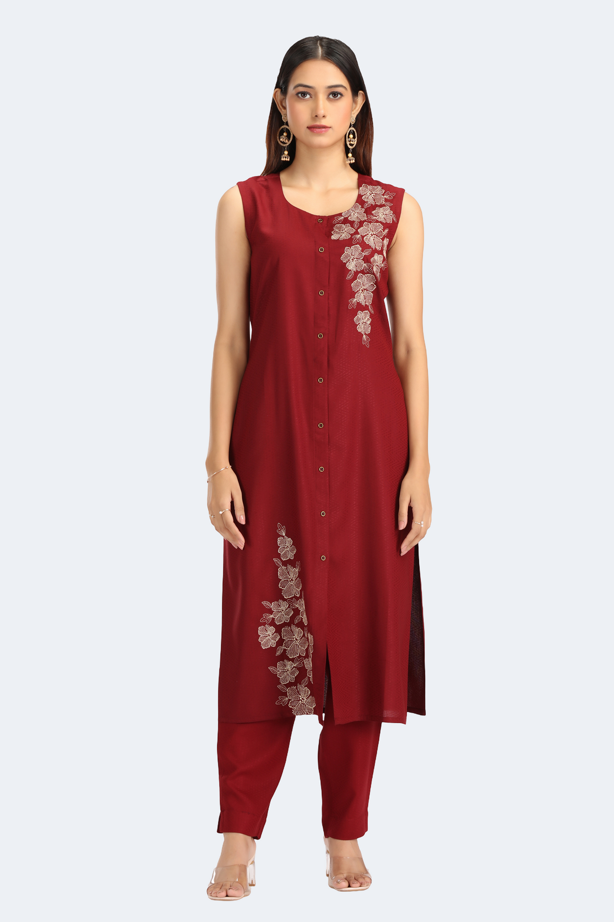 Maroon Rayon Embroidered Straight Kurta Pant Co ord Set