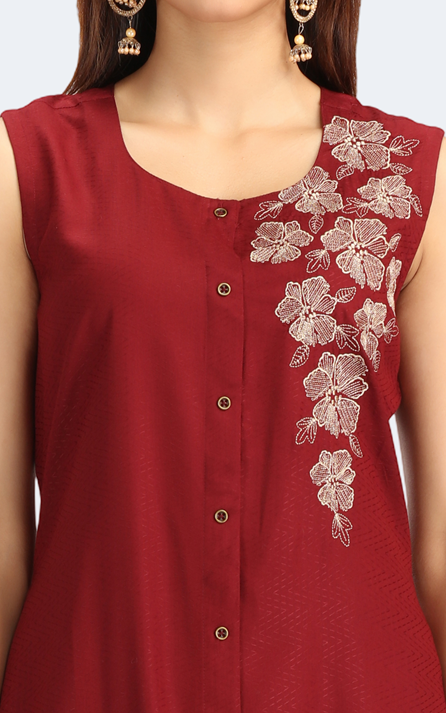 Maroon Rayon Embroidered Straight Kurta Pant Co ord Set