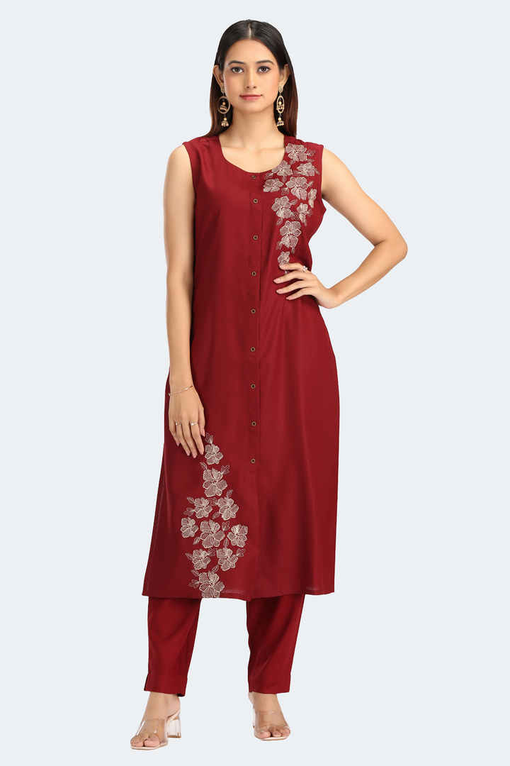 Maroon Rayon Embroidered Straight Kurta Pant Co ord Set