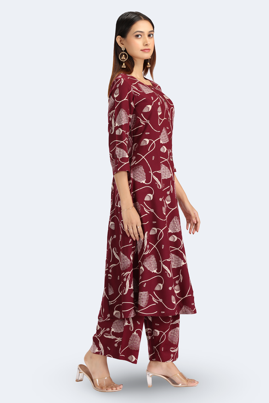 Maroon Rayon Floral Printed Straight Kurta Pant Co ord Set