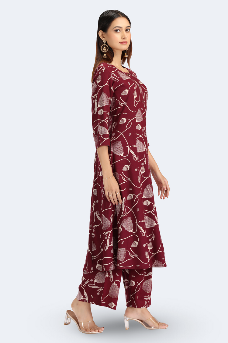 Maroon Rayon Floral Printed Straight Kurta Pant Co ord Set