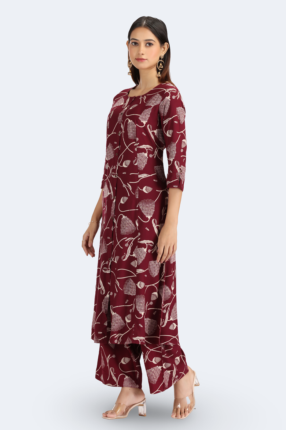 Maroon Rayon Floral Printed Straight Kurta Pant Co ord Set