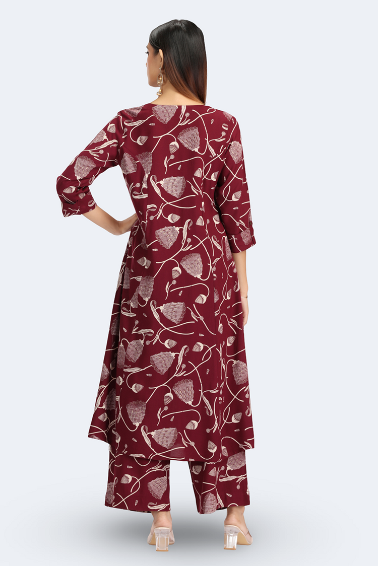 Maroon Rayon Floral Printed Straight Kurta Pant Co ord Set