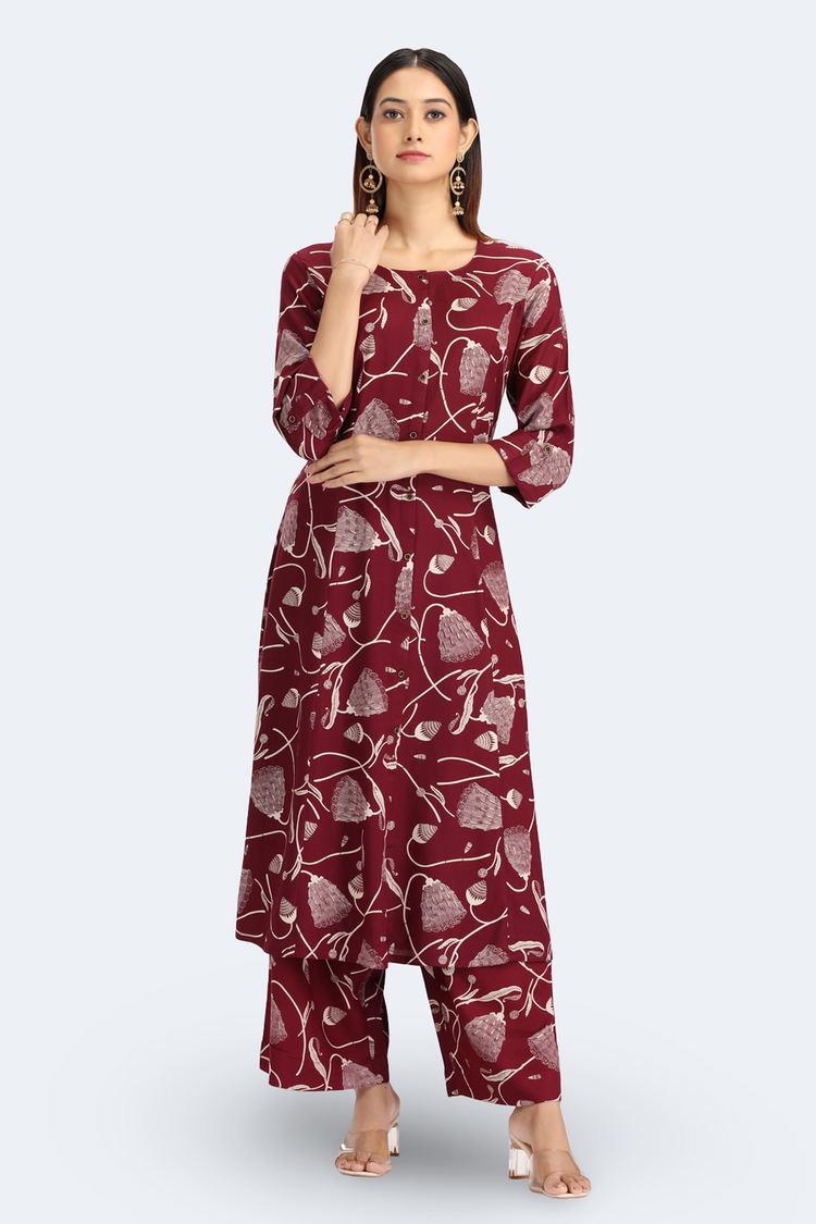 Maroon Rayon Floral Printed Straight Kurta Pant Co ord Set