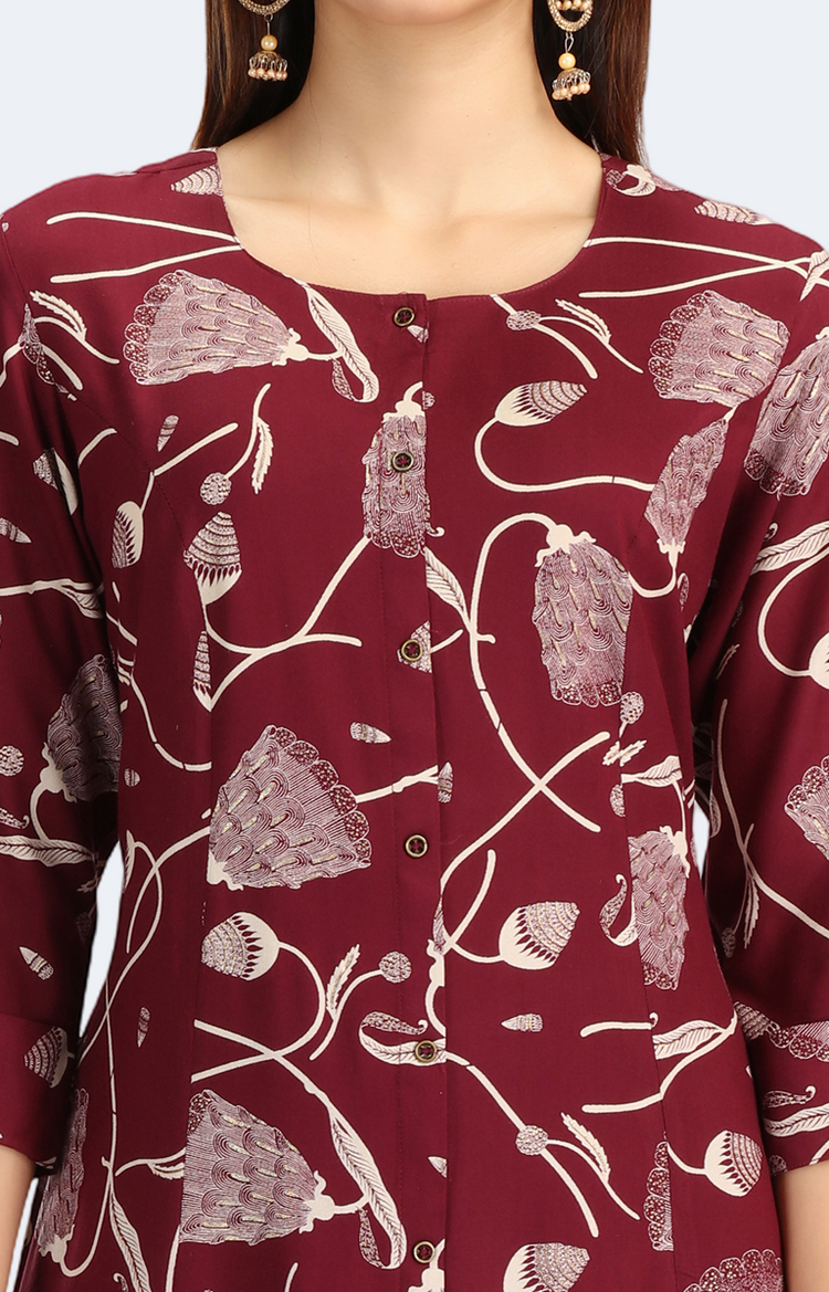 Maroon Rayon Floral Printed Straight Kurta Pant Co ord Set