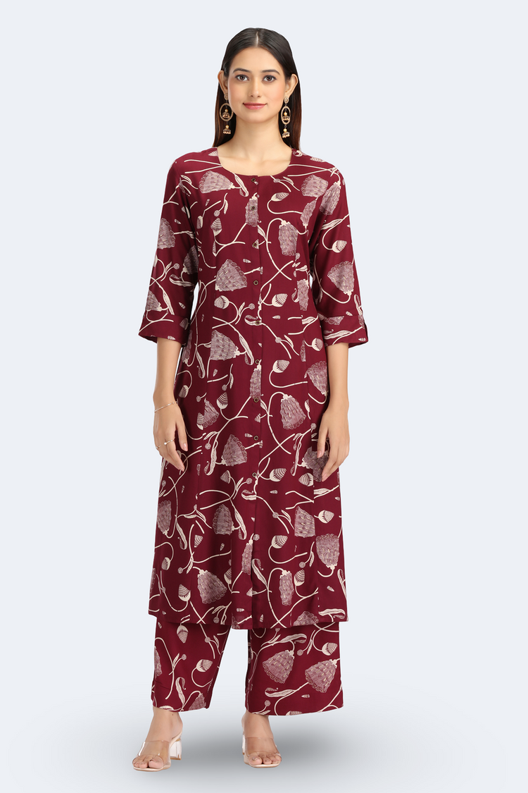 Maroon Rayon Floral Printed Straight Kurta Pant Co ord Set