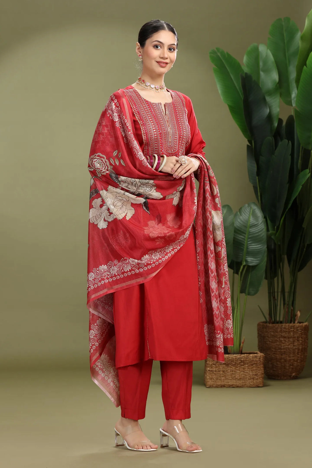Maroon Roman Silk Embroidered Straight Kurta Pant and Dupatta Suit Set