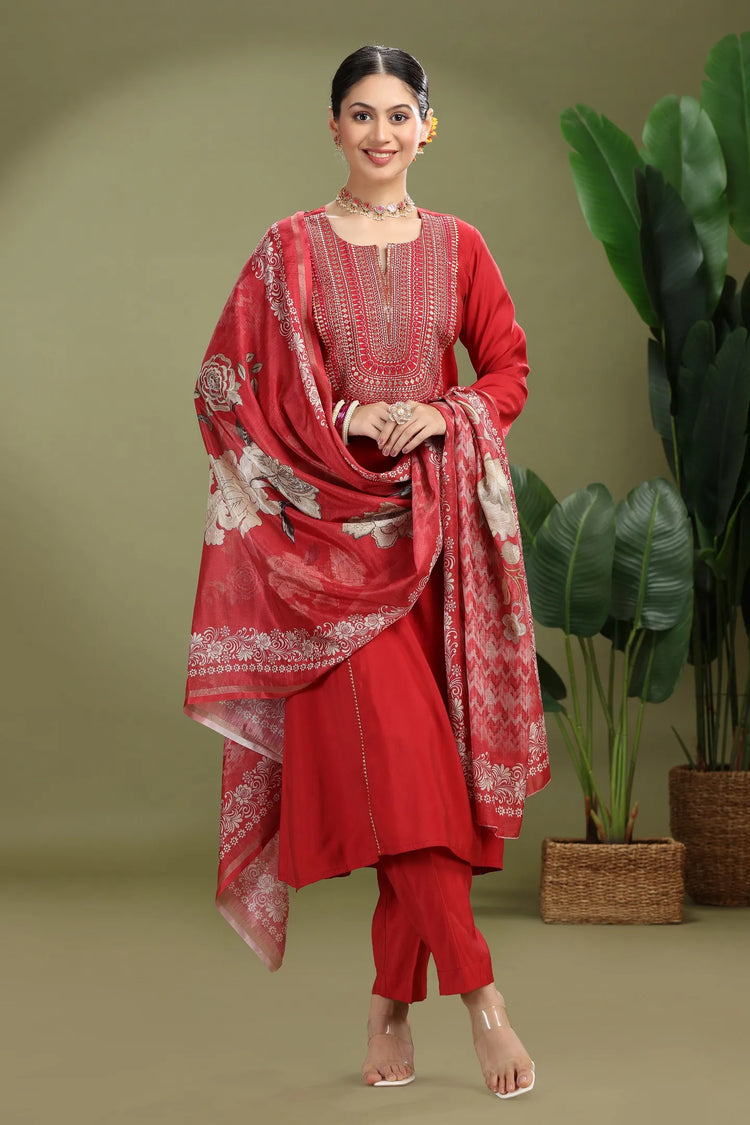 Maroon Roman Silk Embroidered Straight Kurta Pant and Dupatta Suit Set